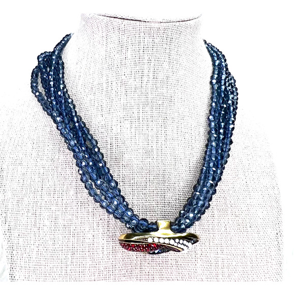 Heidi Daus Multi Strand Blue Beaded Collar Necklace Swarovski Crystal Pendant - Picture 3 of 5